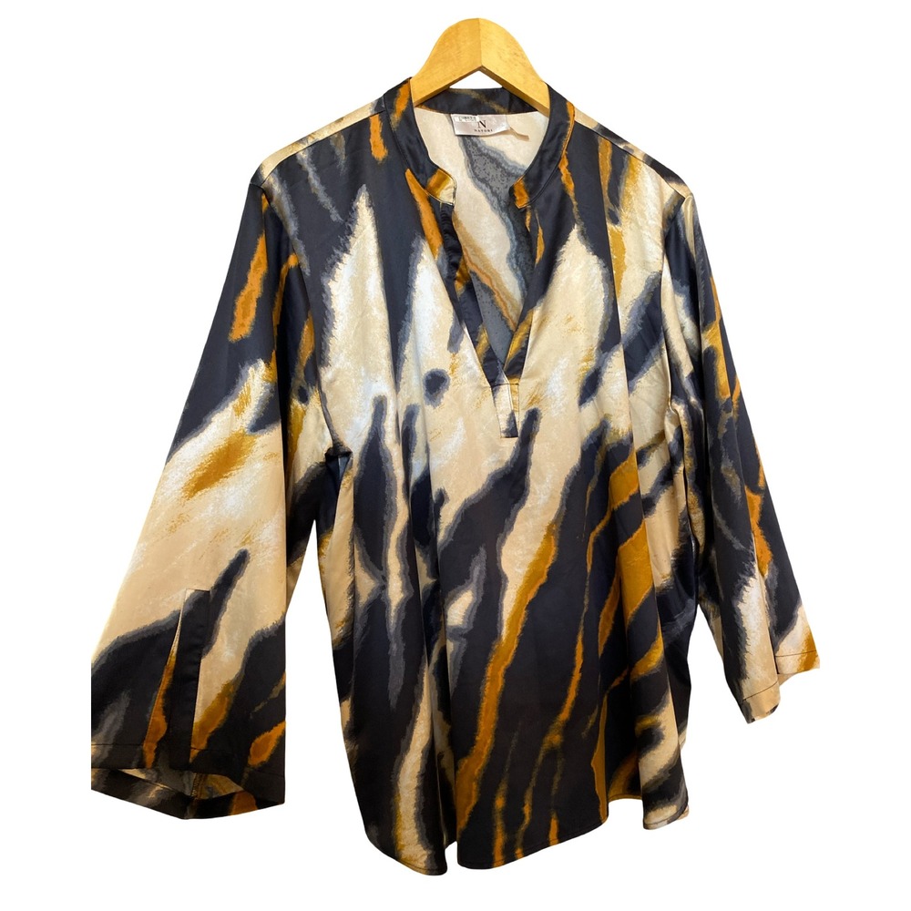 Natori Womens XL Abstract Tiger Print V-Neck Blouse Black Gold 3/4 Sleeve Top